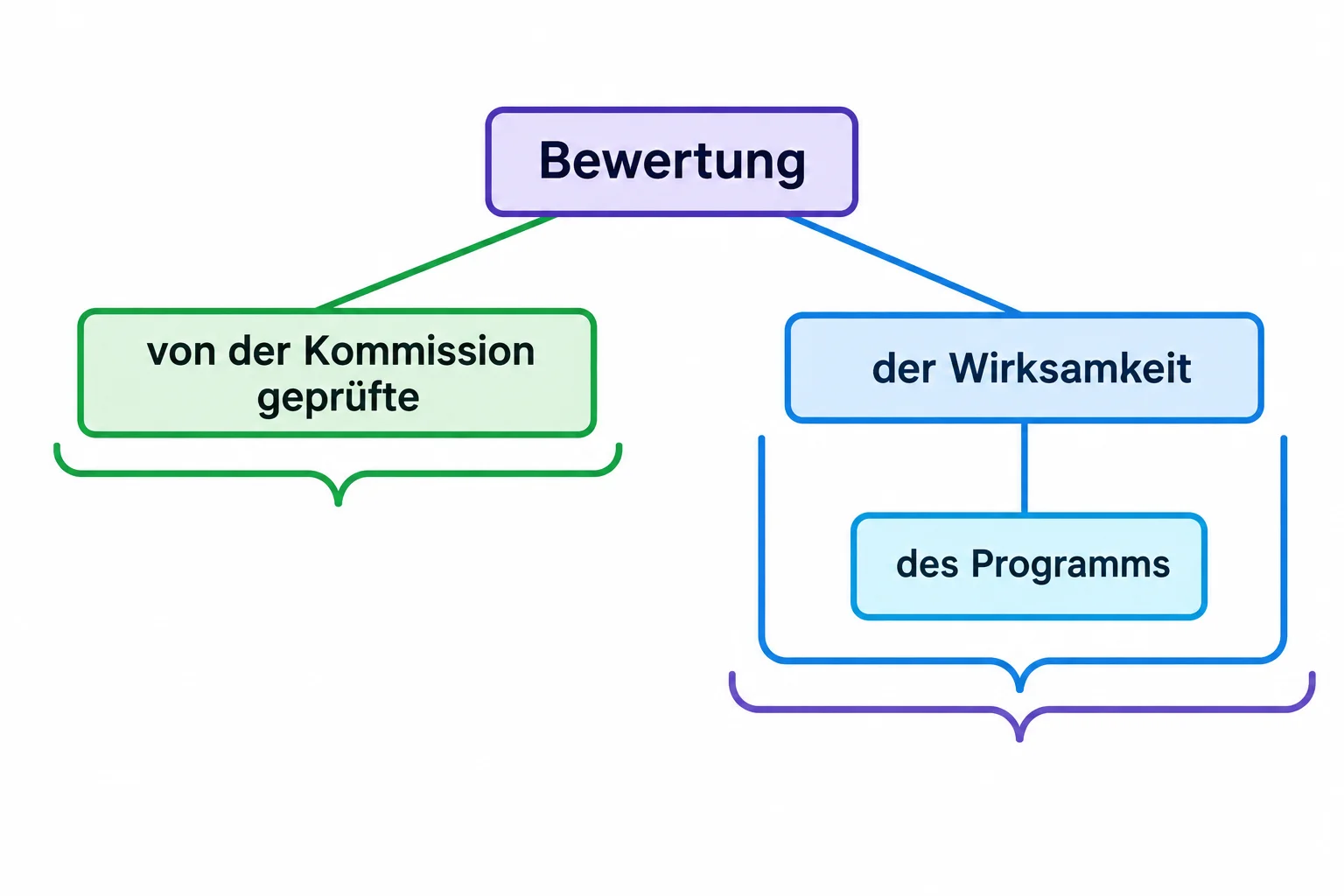 Diagrama em árvore em que Bewertung é o núcleo central; a expansão participial está à esquerda e a cadeia genitiva da Wirksamkeit des Programms está à direita.