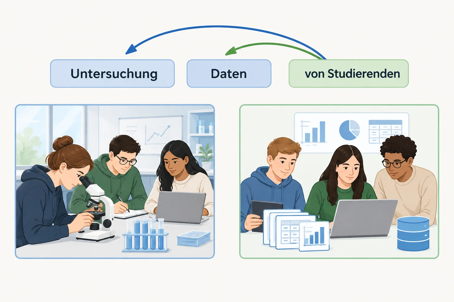 Diagrama com o grupo von Studierenden ligado alternativamente a Daten e a Untersuchung, acompanhado de dois contextos que favorecem leituras diferentes.