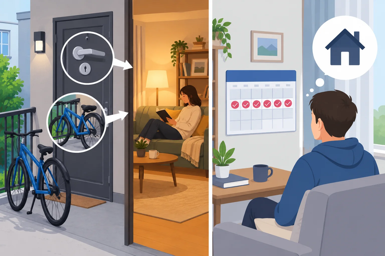 Comparação visual entre indícios que levam à conclusão de que alguém está em casa e uma regra que obriga uma pessoa a ficar em casa.