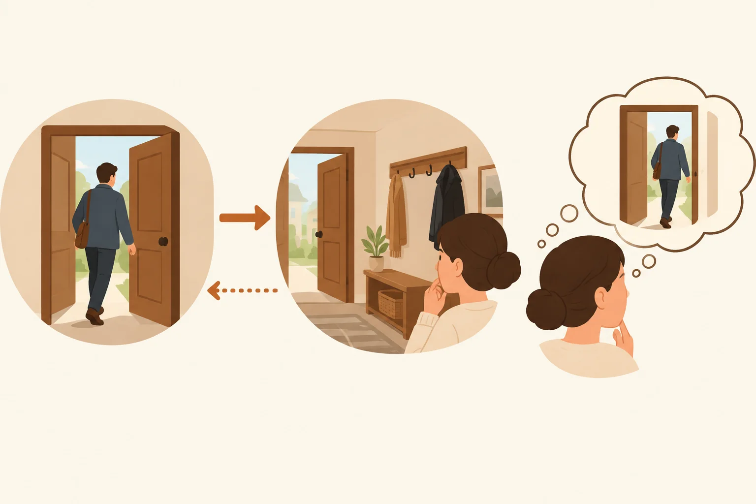 Linha do tempo: uma pessoa sai antes; no presente, alguém vê a porta aberta e o casaco ausente e infere a saída anterior.