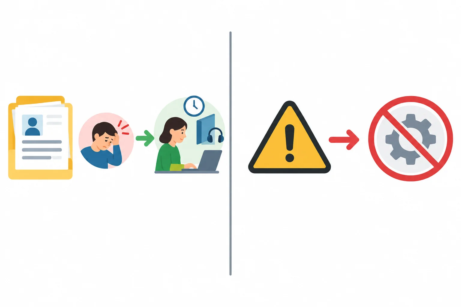 Diagrama em dois lados: uma necessidade concreta documentada leva a uma alteração; uma possibilidade genérica não leva.