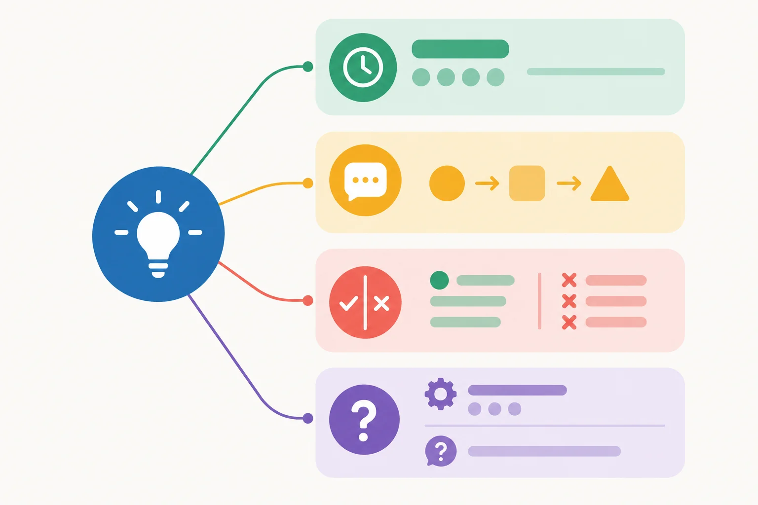 Diagrama de quatro parágrafos conectados a um conceito central: definição inicial, exemplo, contraste e condições com informação ainda incerta.