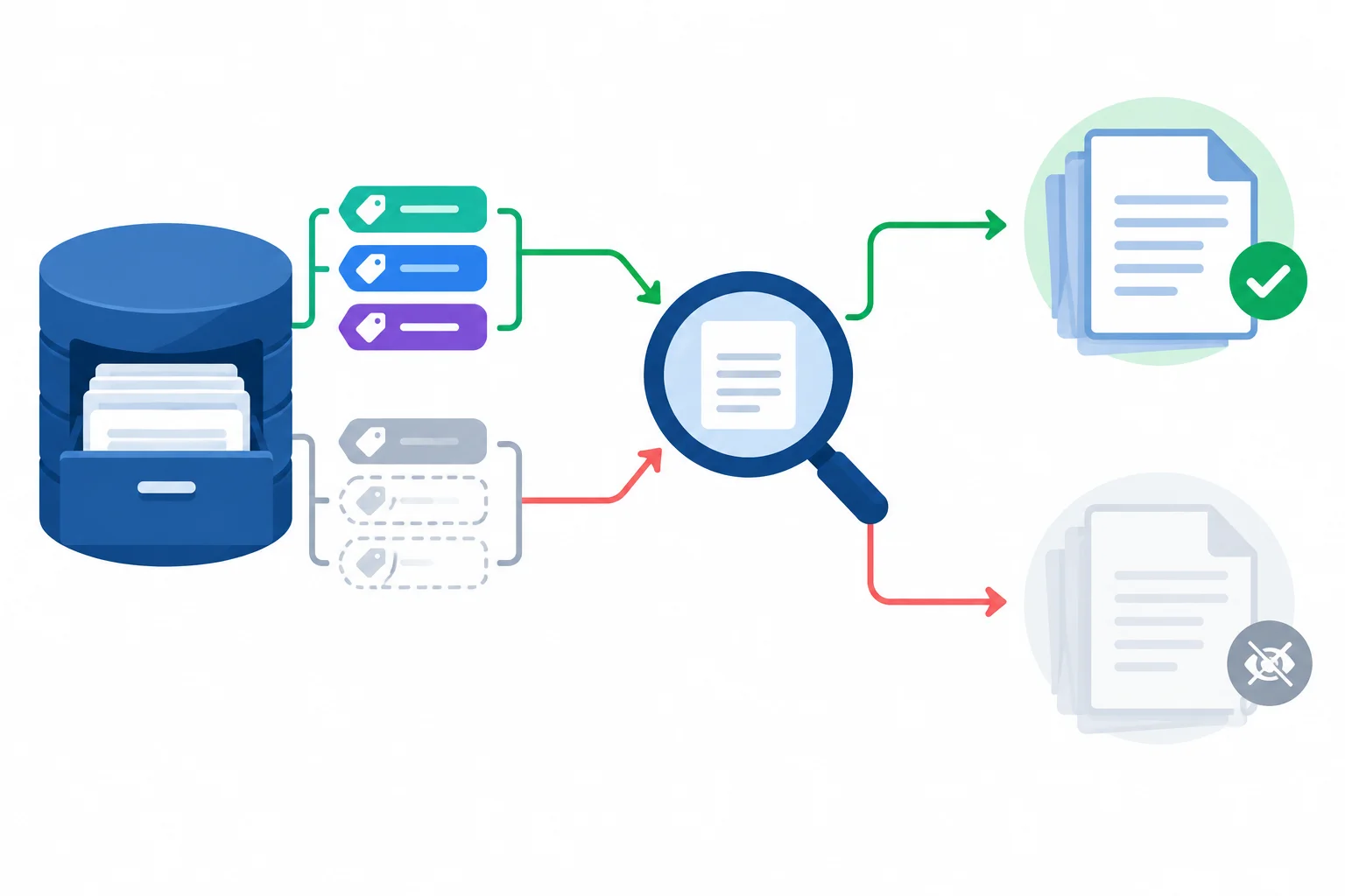 Diagrama com metadados precisos ligados ao acesso por busca e ausência de metadados ligada à visibilidade limitada de documentos.