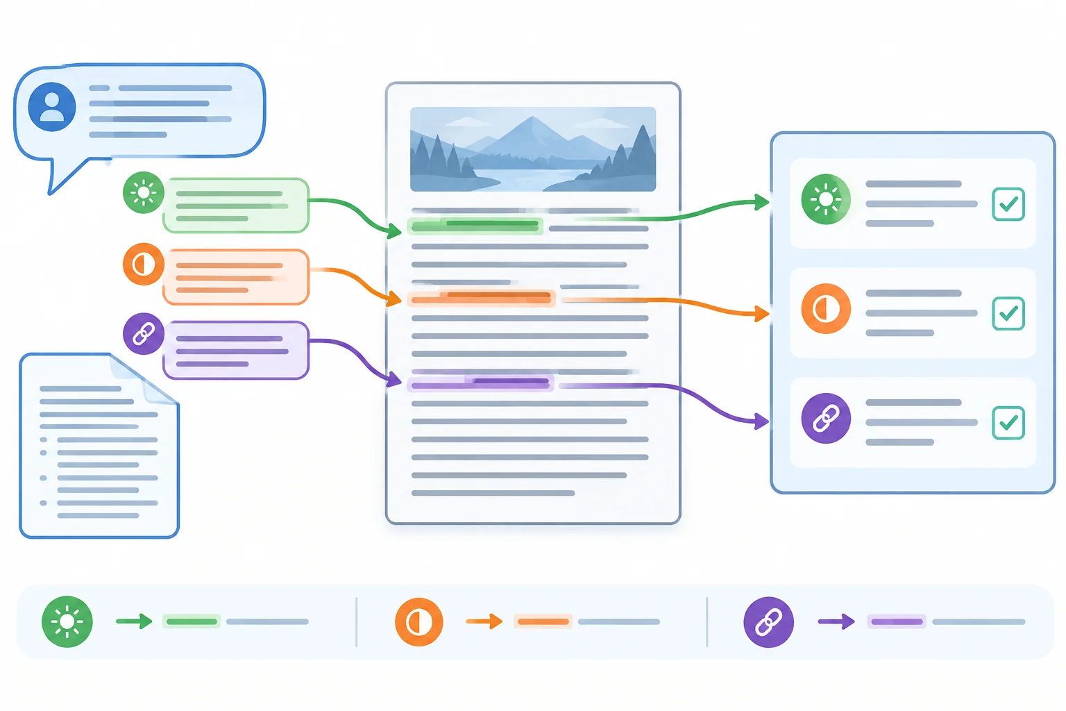 Diagrama com uma passagem no centro: setas saem da explicação em direção à fonte para buscar apoio, e outras saem da fonte em direção à explicação para verificar cobertura.