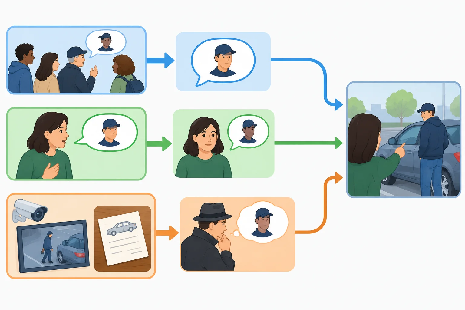 Diagrama com três caminhos para a mesma proposição: informação de terceiros, alegação da própria pessoa e conclusão baseada em indícios.
