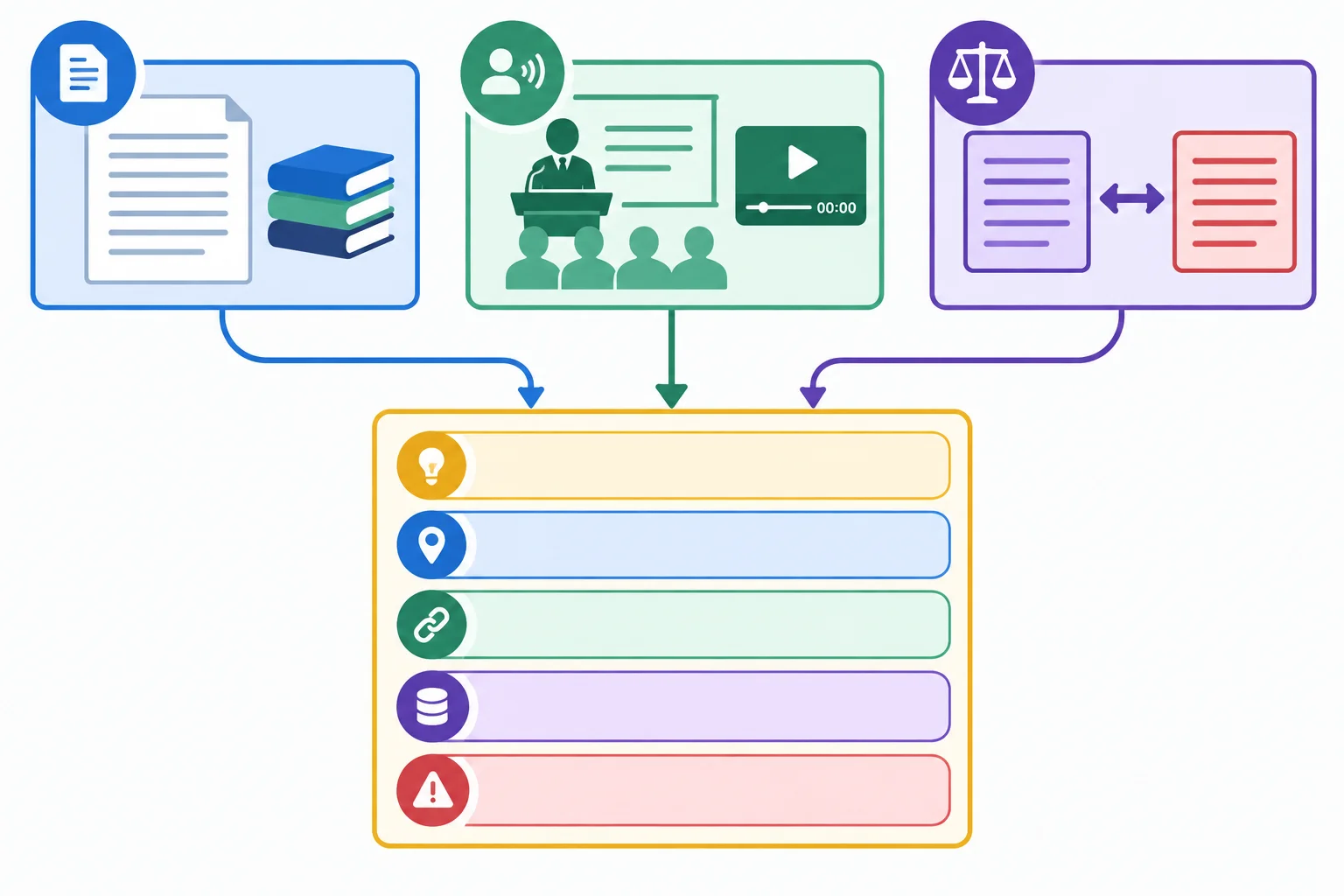 Diagrama de uma anotação comparativa que conecta um texto, um trecho oral e uma ficha com campos separados.