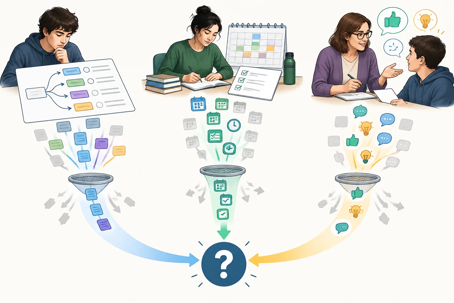 Diagrama com escolha, planejamento próprio e apoio docente convergindo para uma questão central, com filtros que selecionam contribuições relevantes.
