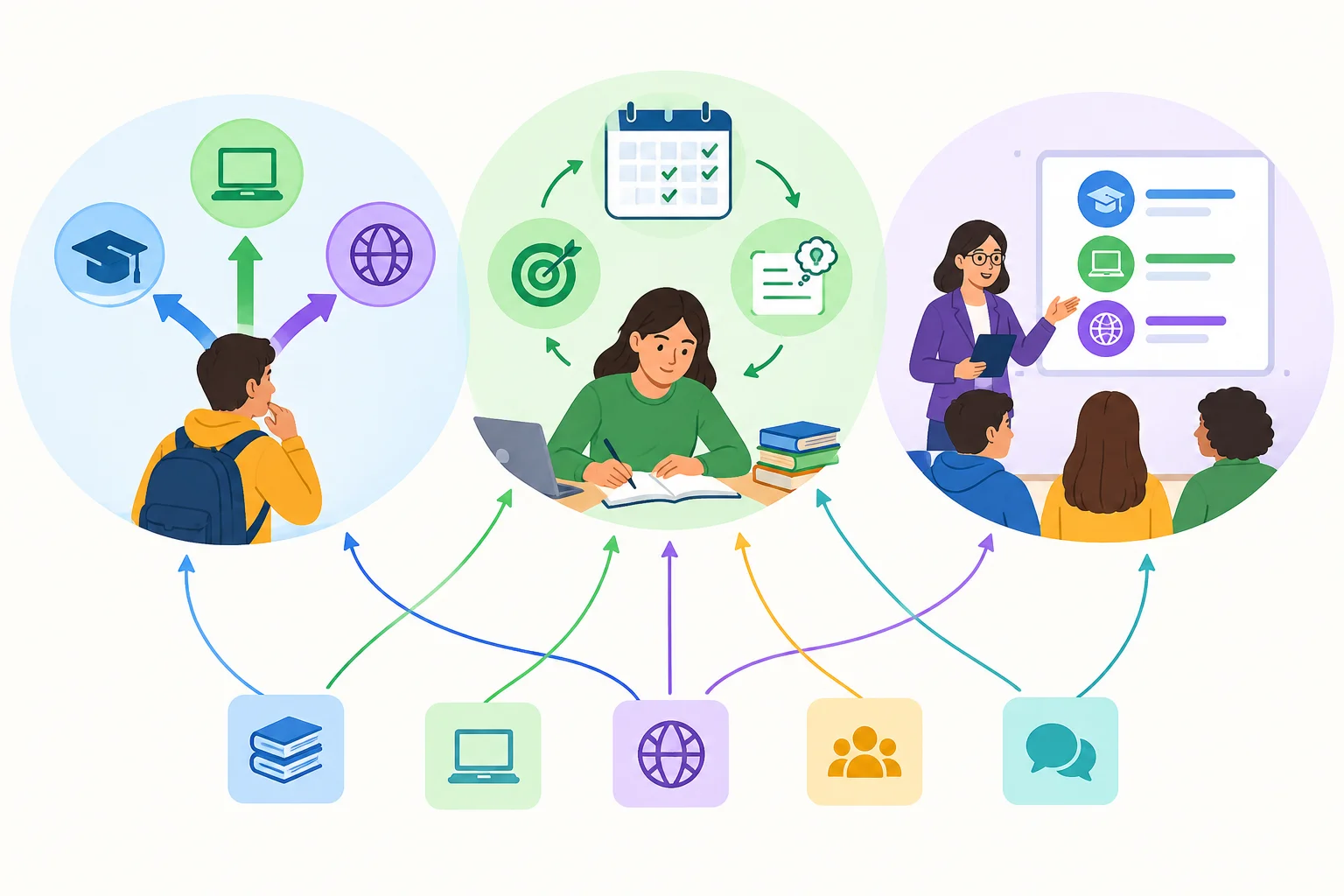 Diagrama com três agrupamentos conceituais: possibilidades de escolha, autorregulação do trabalho e condições de apoio docente. Cartões de fontes podem aparecer em mais de um agrupamento.
