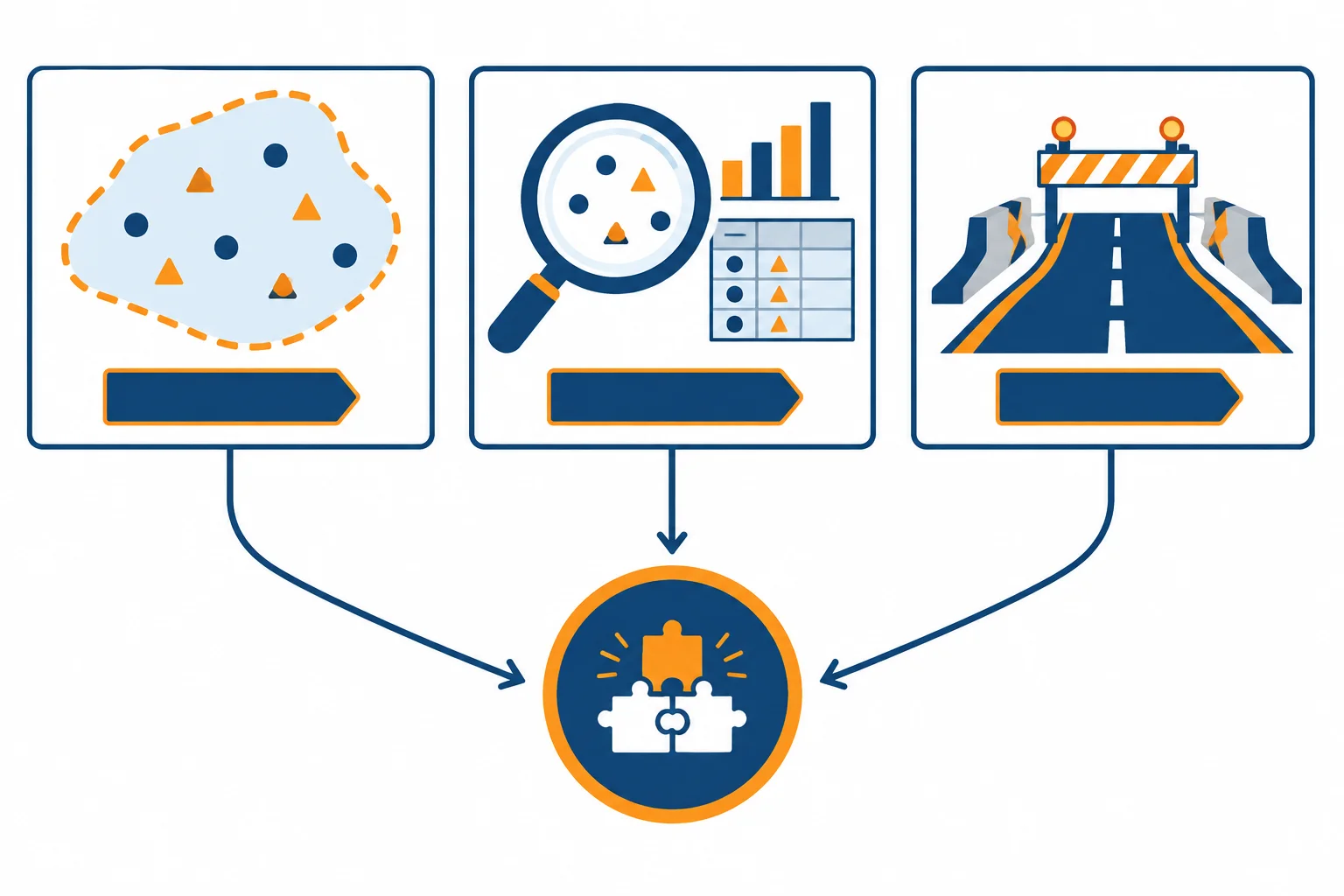 Diagrama com três contribuições diferentes — delimitação de conceito, observação examinada e condição restritiva — convergindo para uma síntese.