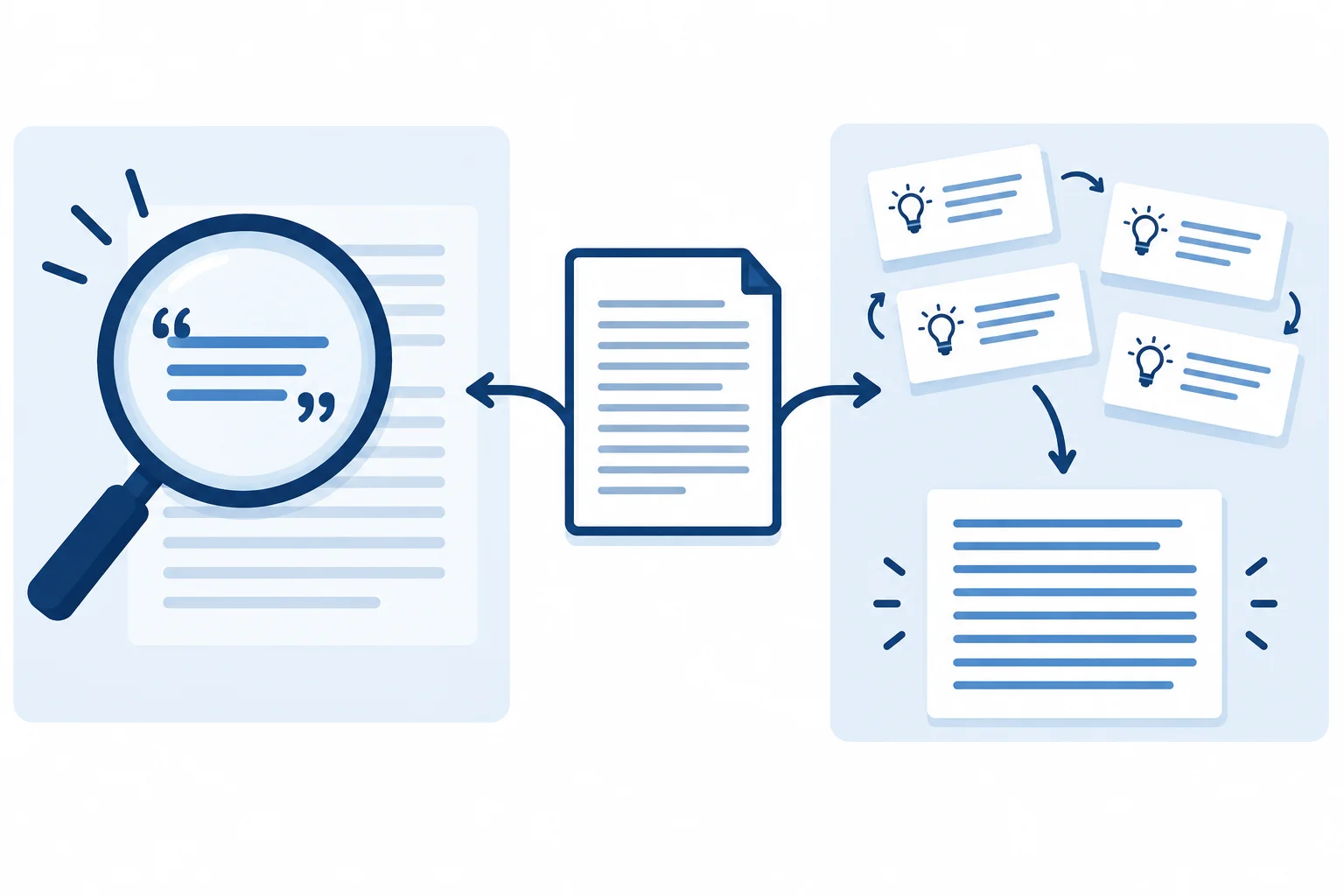 Diagrama comparando o exame das palavras exatas de uma fonte com a reorganização de sua ideia em um argumento.
