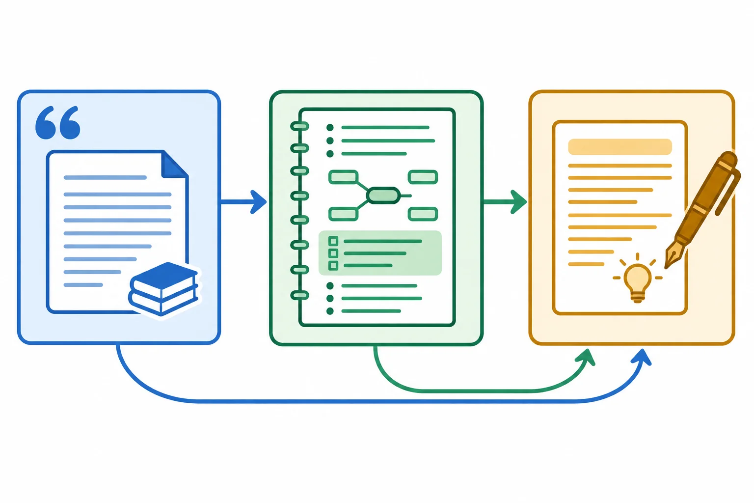Diagrama com uma citação ligada à fonte A, uma reformulação ligada à fonte B e uma conclusão analítica ligada ao redator.