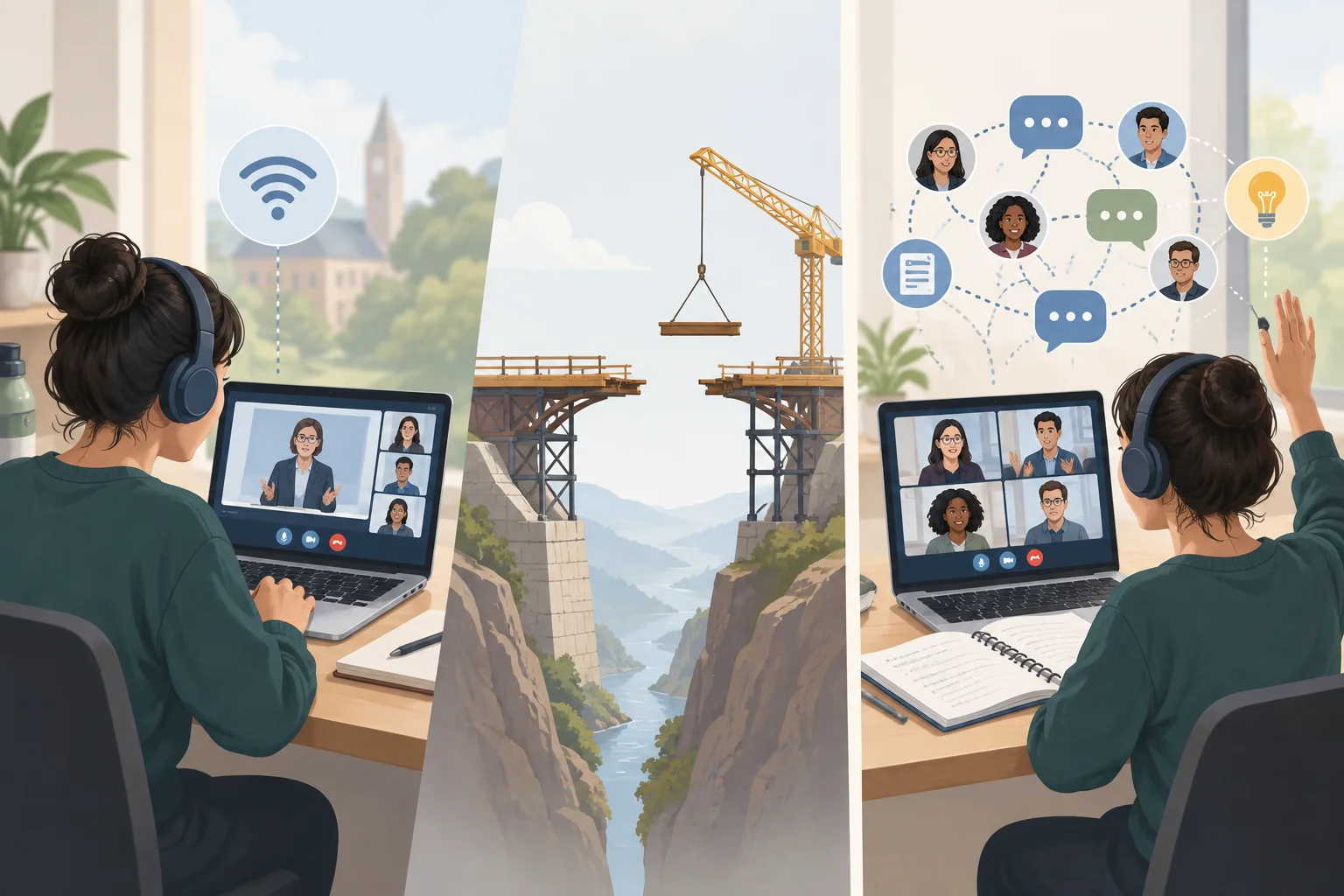 Comparação visual entre entrar em um seminário digital e participar ativamente de uma discussão acadêmica.
