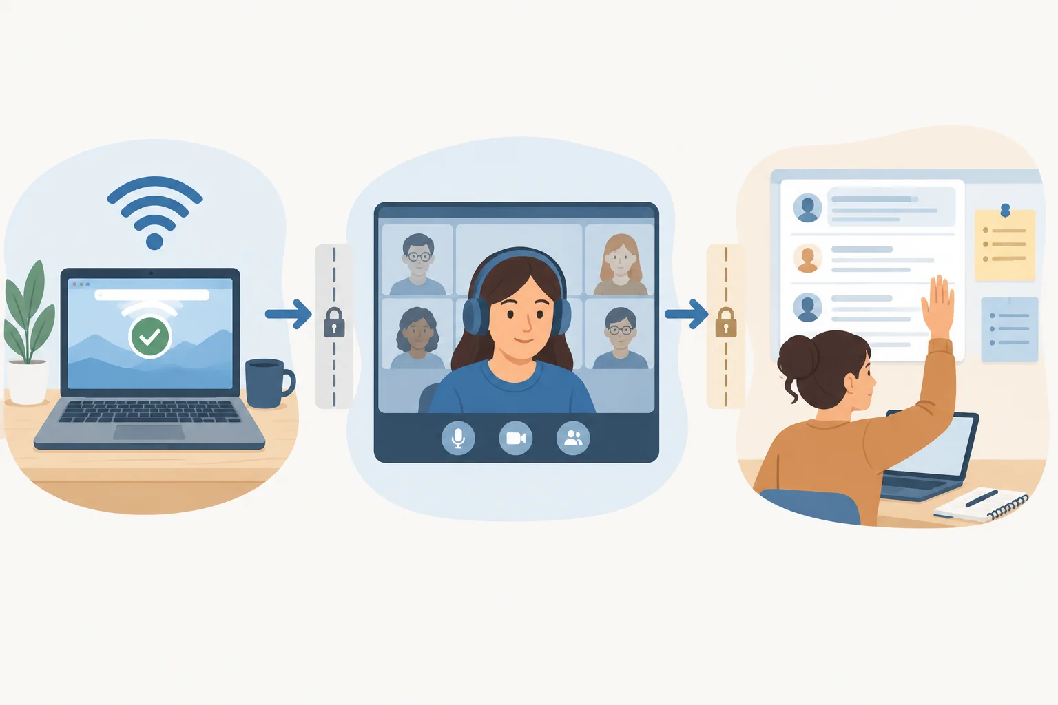 Diagrama de três etapas distintas: acesso técnico, presença em um seminário virtual e participação acadêmica, com passagens condicionais entre elas.