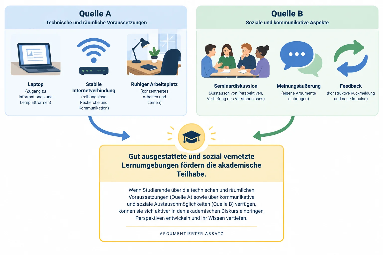 Diagrama em que dois textos-fonte oferecem apoios diferentes para uma afirmação autoral central sobre participação acadêmica.