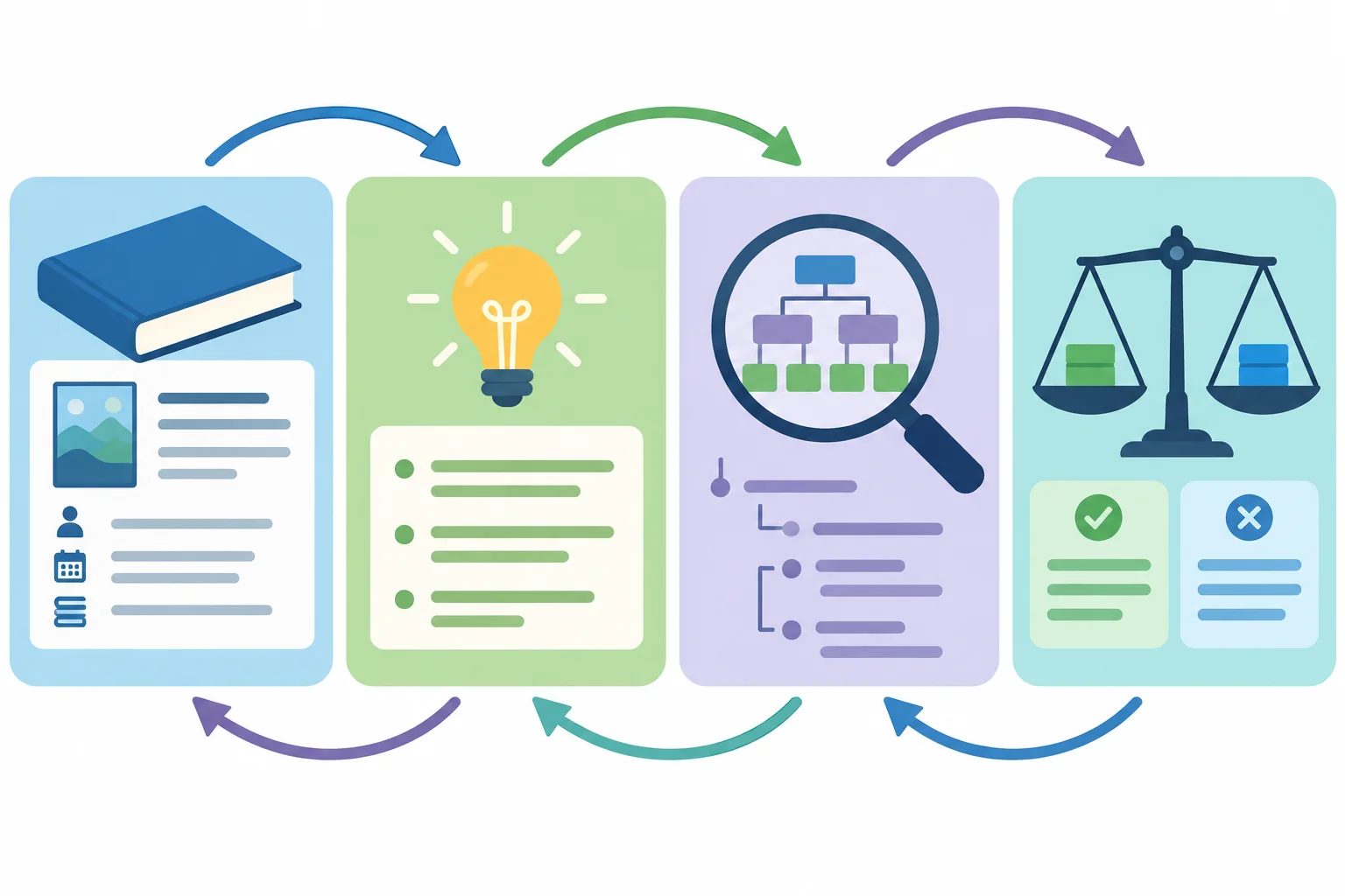 Diagrama com quatro funções conectadas: apresentar a obra, sintetizar a proposta, examinar sua construção e avaliá-la.