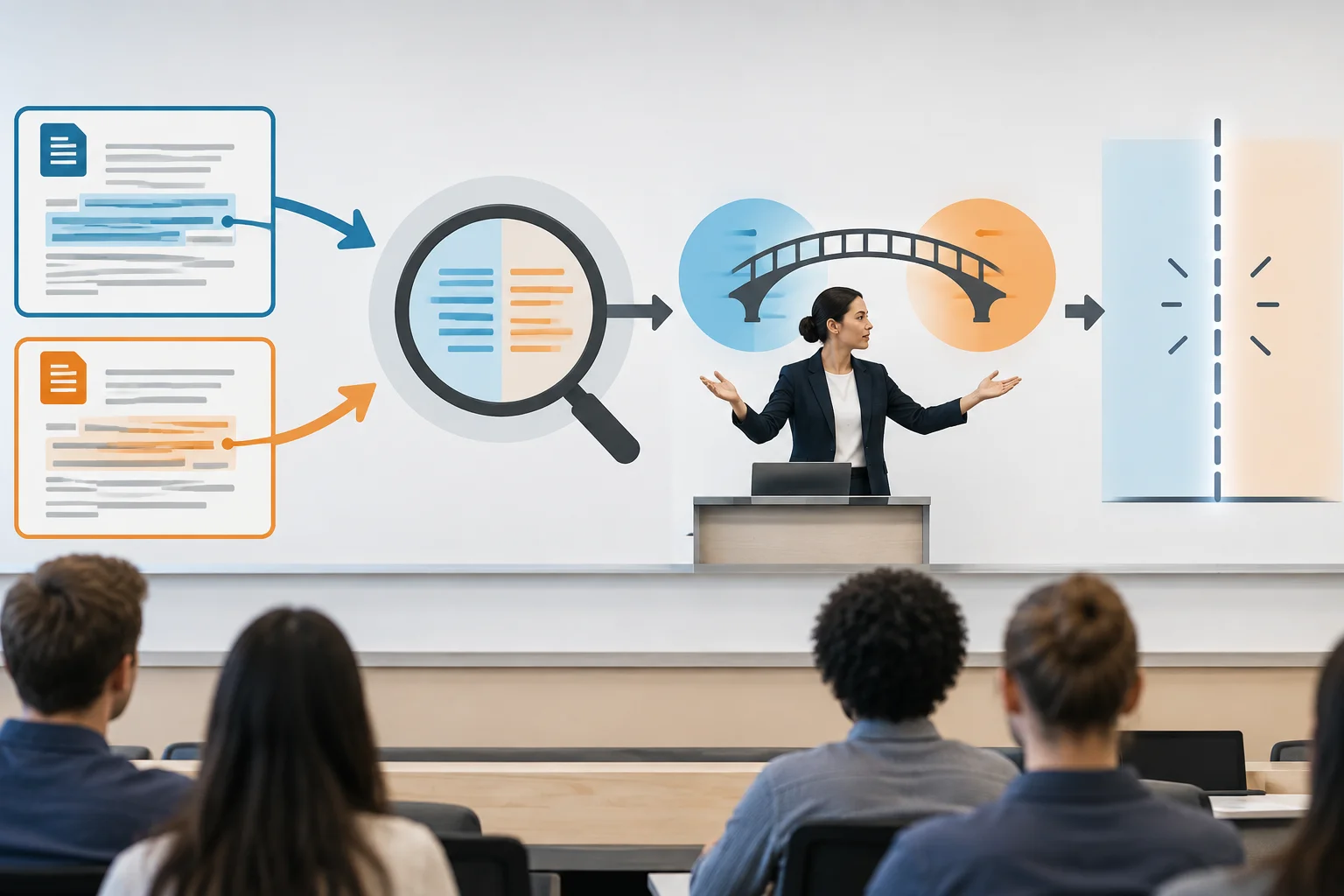 Diagrama com duas passagens de fontes que convergem para uma propriedade comparável, levam a uma relação interpretativa proposta pelo apresentador e terminam em um limite explícito.