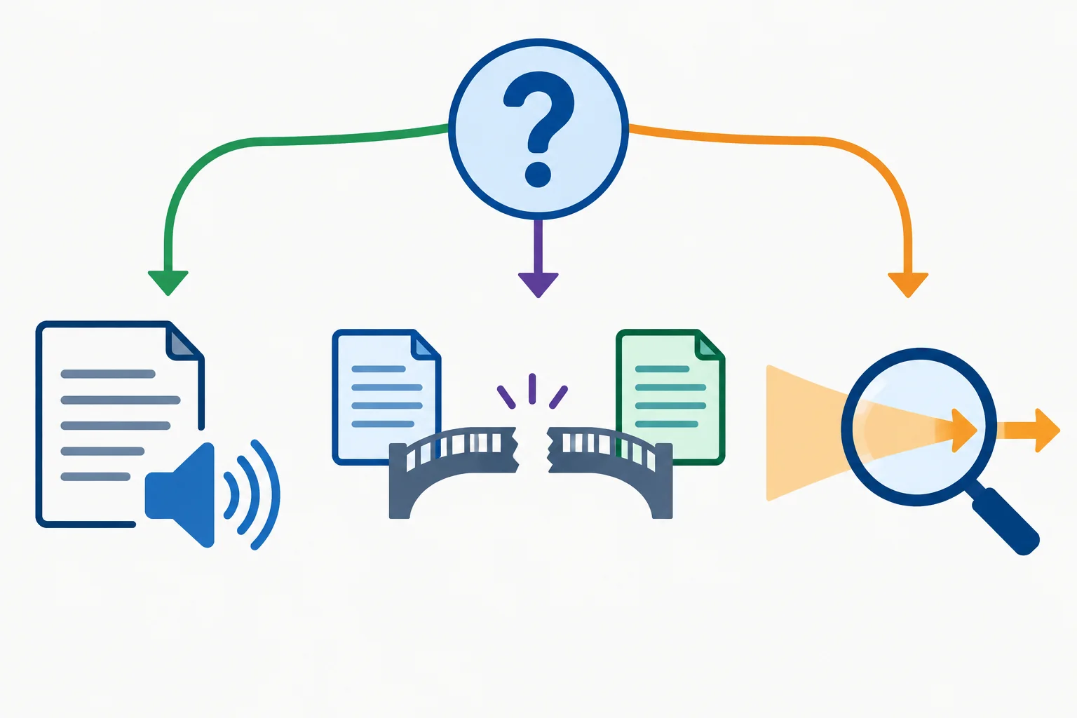 Diagrama com três caminhos de decisão após um questionamento: corrigir atribuição, modificar interpretação ou restringir o alcance.
