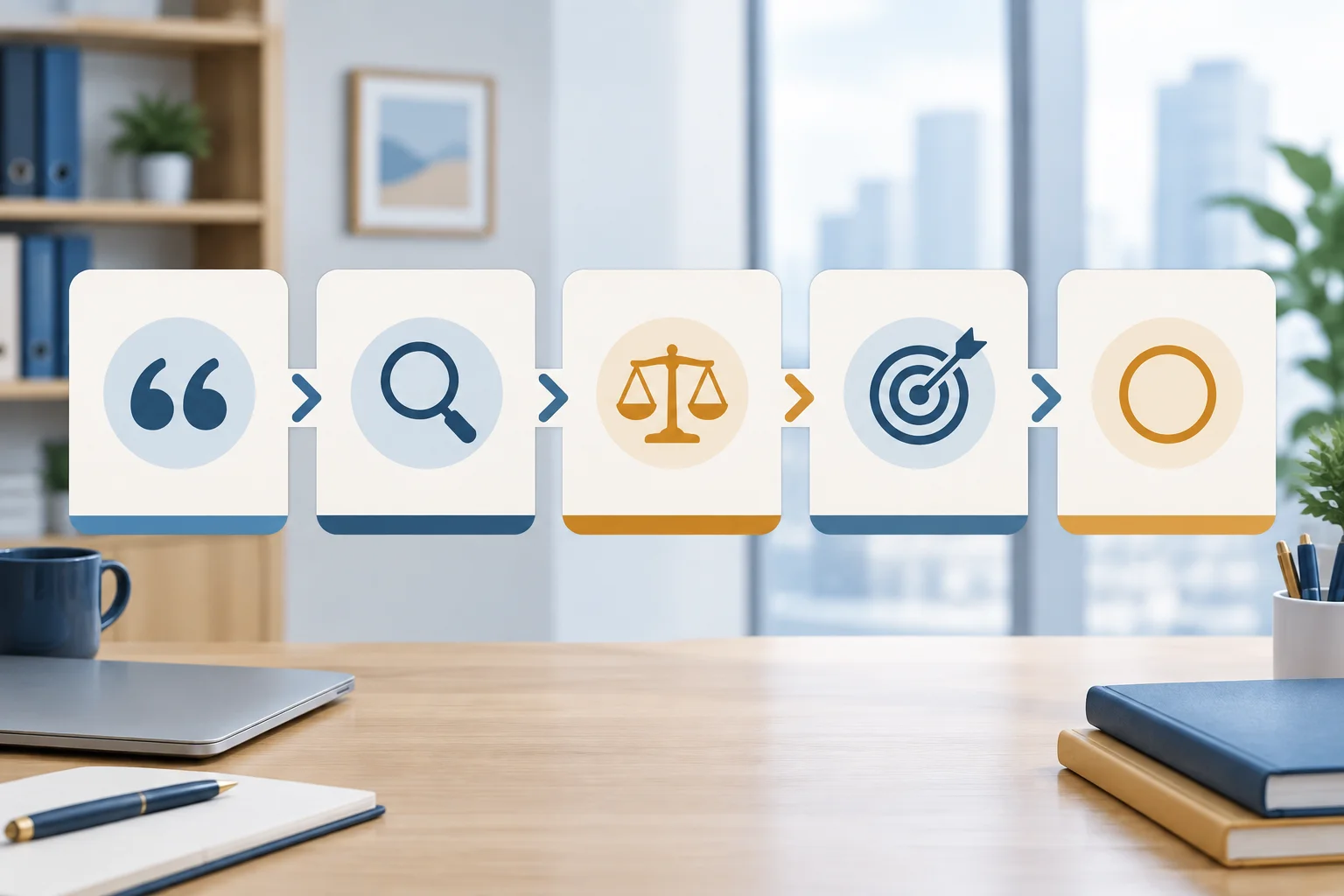 Esquema visual de cinco etapas: formulação literal, evidências, avaliação sustentada, alvo local e incerteza restante.