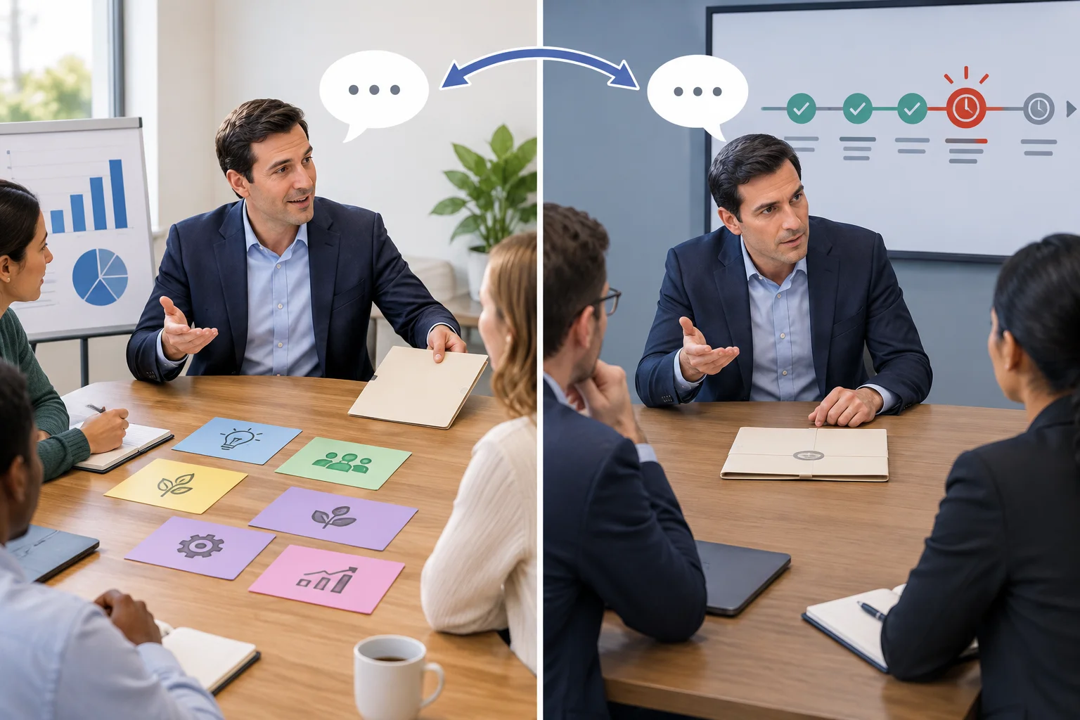 Comparação entre a mesma pergunta feita ao mudar de assunto em uma reunião e ao tratar de uma aprovação atrasada.