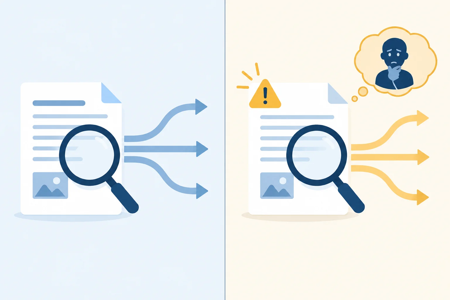 Diagrama comparando uma pergunta aberta sobre um documento com uma pergunta que acrescenta um sinal de preocupação.