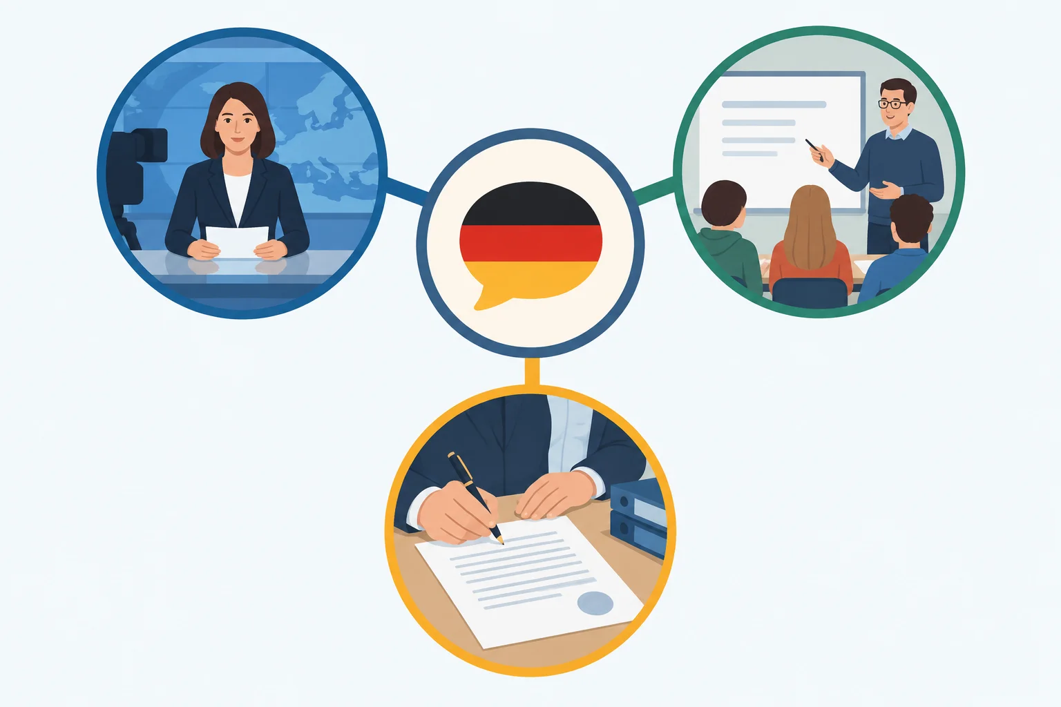 Diagrama com Alemanha, Áustria e Suíça em posições equivalentes, ligadas a uma mesma língua alemã.