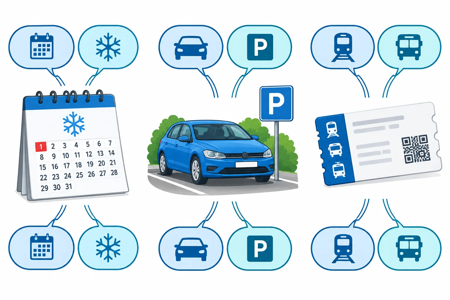 Diagrama com um calendário de janeiro, um carro estacionado e um bilhete de transporte; cada objeto se liga a dois balões que representam variantes lexicais.