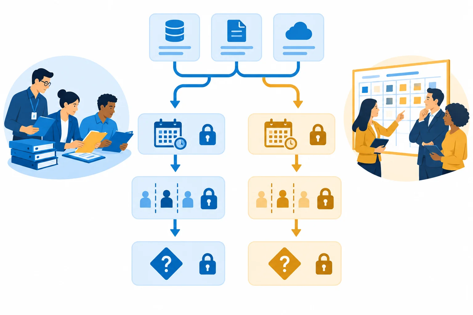 Diagrama mostrando que fontes comuns geram focos diferentes para equipe executora e coordenação, enquanto condições, responsabilidades e pendências permanecem protegidas.