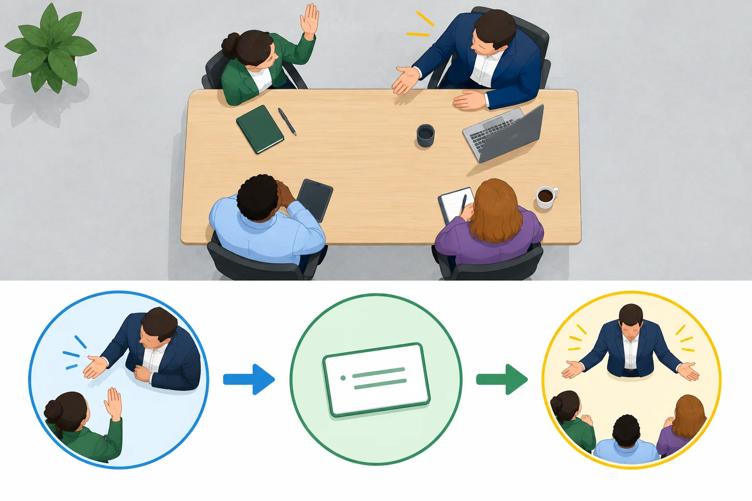 Diagrama de uma manutenção cooperativa de turno: reconhecer quem aguarda, anunciar um complemento curto e concluir antes de liberar o espaço.