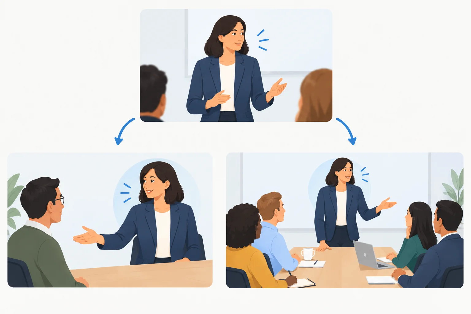 Diagrama com uma pessoa concluindo uma fala e cedendo a palavra, em um caminho, a uma colega específica e, em outro, ao grupo inteiro.