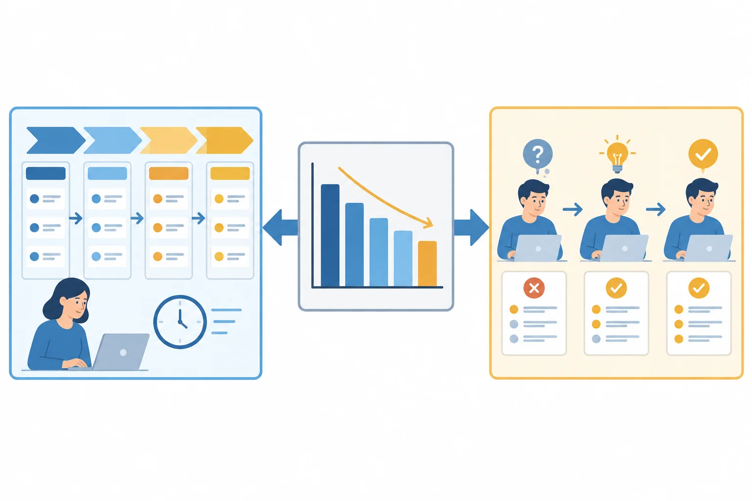 Um mesmo gráfico de queda no tempo de processamento leva a duas explicações visuais: processo mais eficiente ou maior familiaridade da equipe com a tarefa.