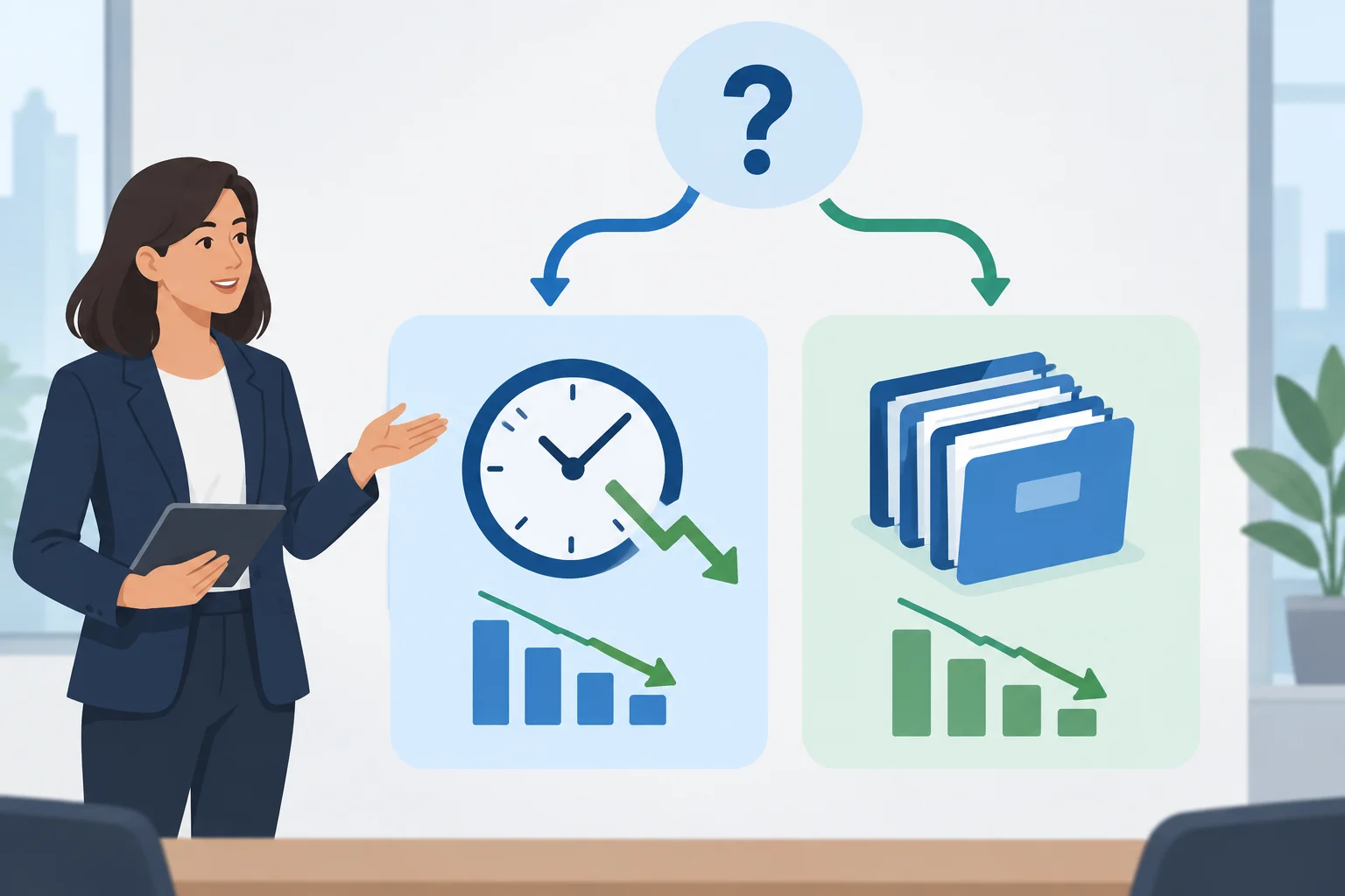 Diagrama mostrando uma pergunta que pode se referir tanto à redução do tempo de atendimento quanto à redução de processos pendentes.