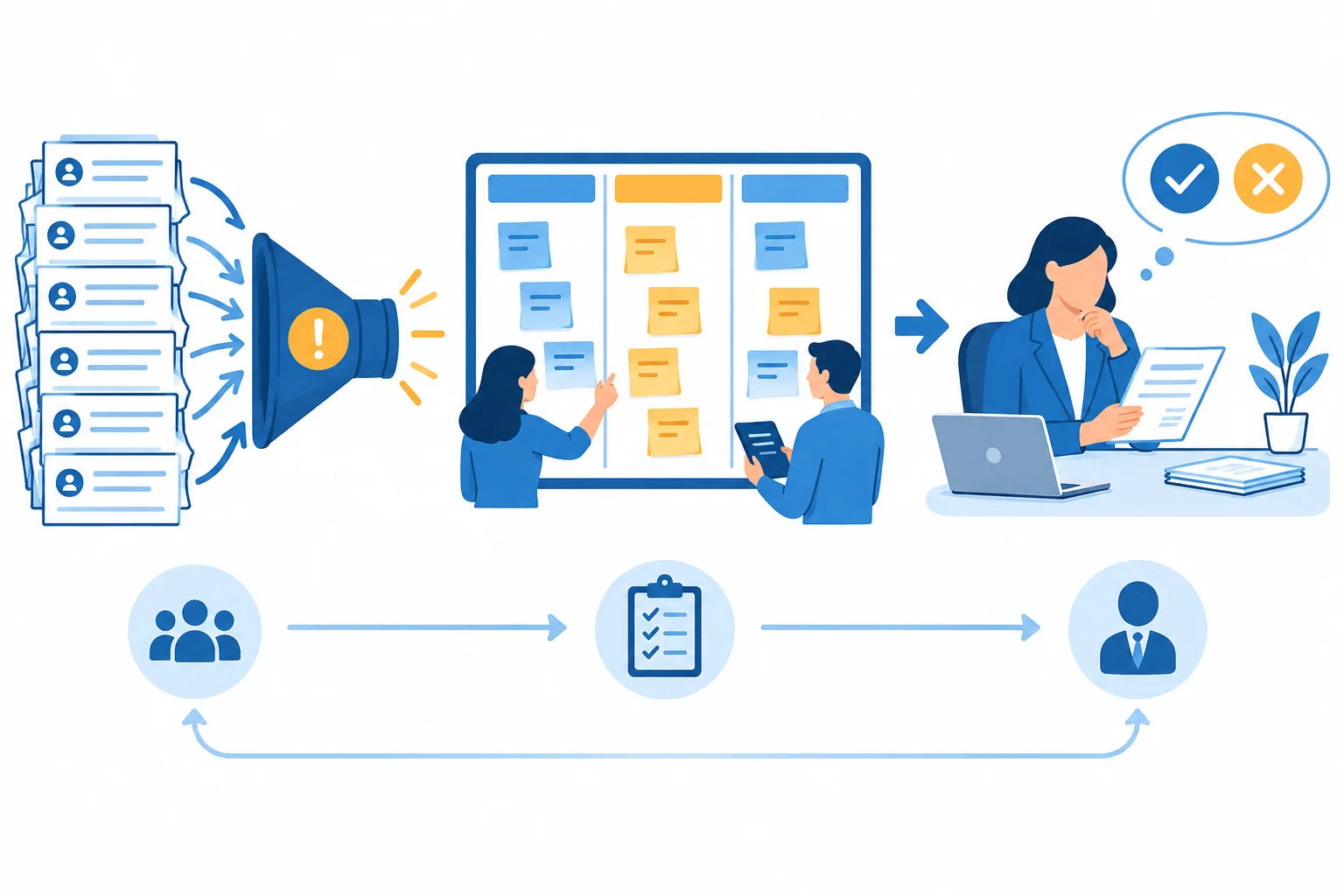 Fluxo visual que conecta solicitações internas acumuladas, um projeto-piloto de triagem e a decisão da liderança.