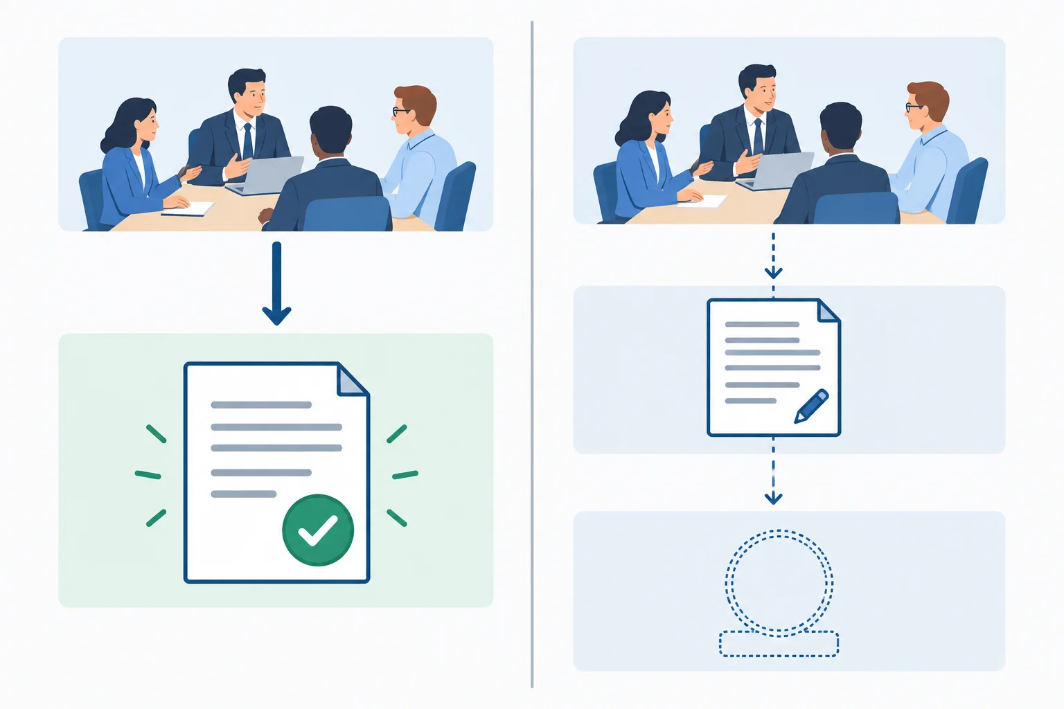Diagrama com dois percursos separados: a decisão tomada na reunião e a confirmação posterior do rascunho da ata.