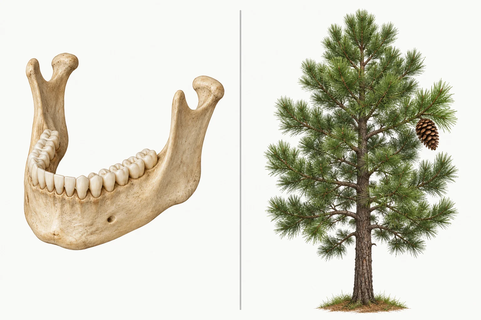 Comparação lado a lado entre um maxilar humano e um pinheiro.