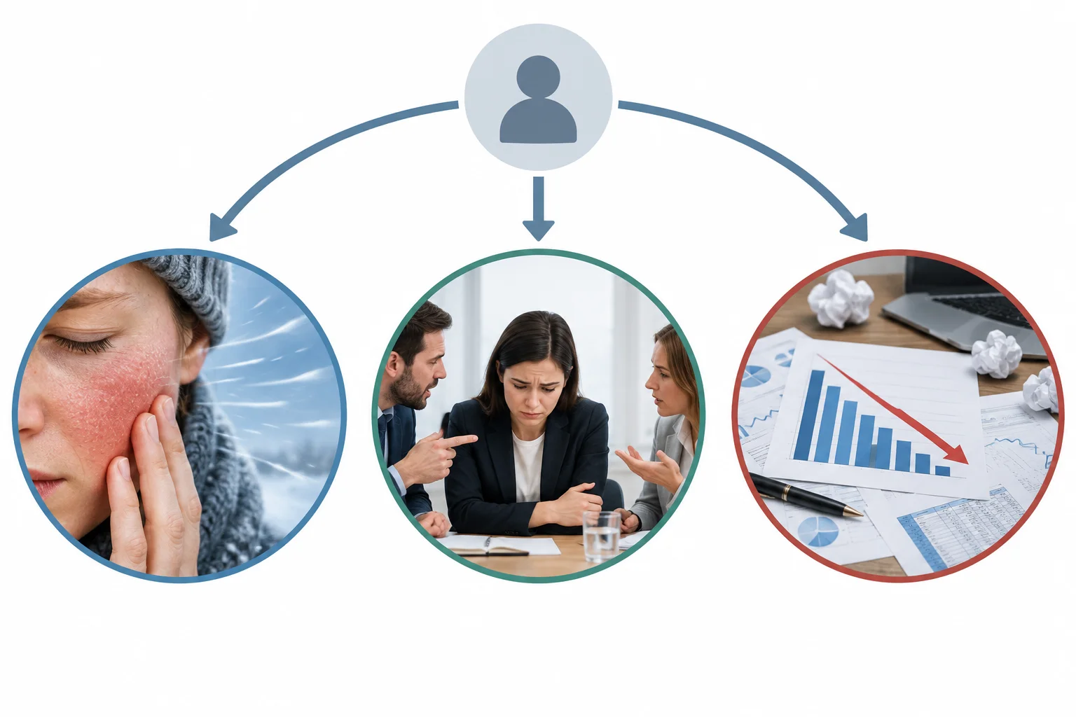Esquema visual com três contextos para empfindlich: pele exposta ao frio, pessoa afetada por comentários e perdas em um contexto empresarial.