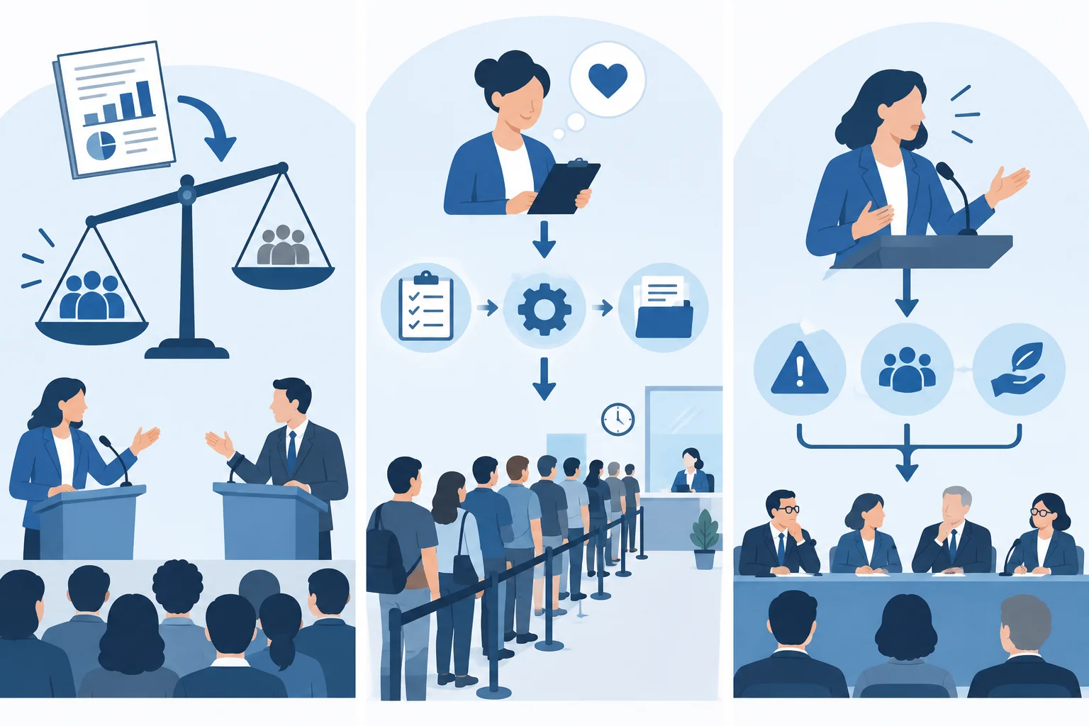 Diagrama com três situações: um fato reforça uma posição em um debate, uma medida supostamente útil prejudica seus destinatários e uma porta-voz expõe abertamente uma crítica.