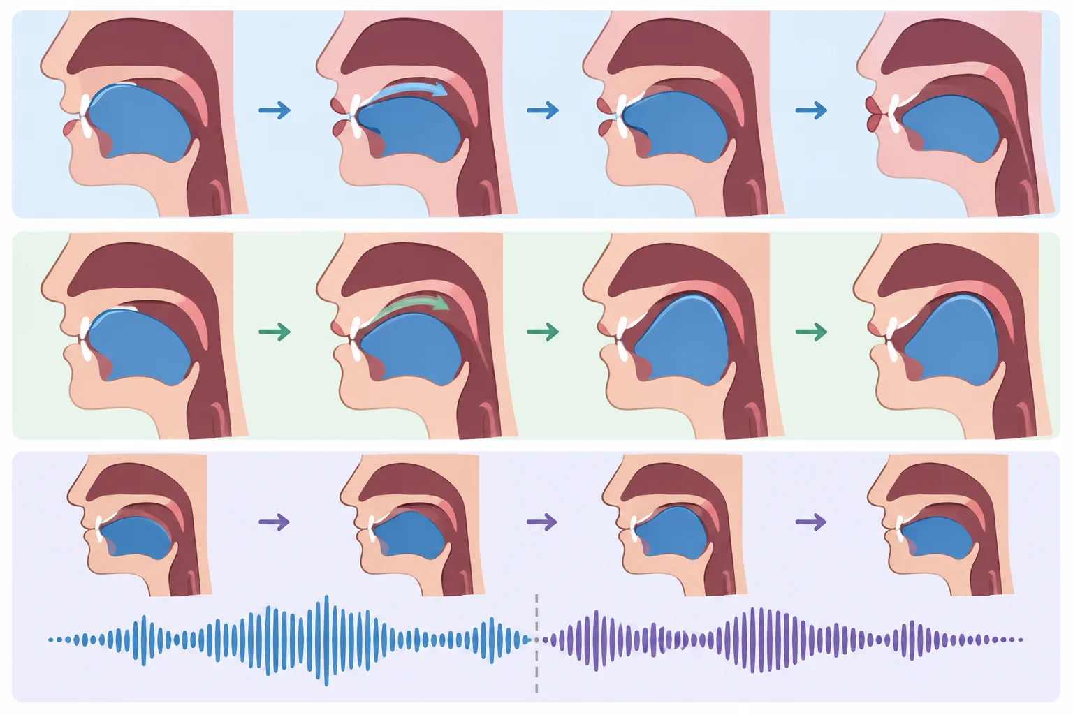 Diagrama mostrando uma nasal se adaptando aos lábios antes de uma consoante bilabial e à parte posterior da boca antes de uma consoante velar, com continuidade através da fronteira entre palavras.