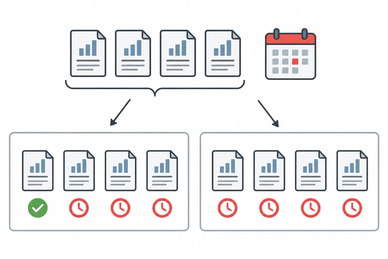 Diagrama com o mesmo conjunto de quatro relatórios e o mesmo período, comparando um cenário com um relatório entregue no prazo e outro sem nenhum relatório entregue no prazo.