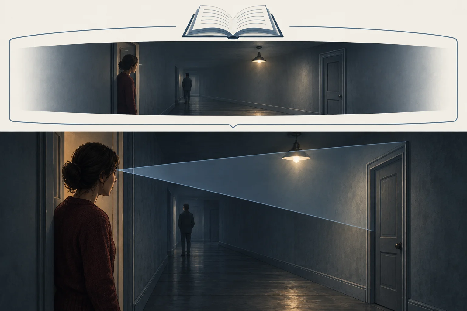 Diagrama em duas camadas: uma moldura narrativa abrange a cena, enquanto o foco visual de uma personagem seleciona o corredor, a lâmpada e a porta; outra pessoa aparece apenas ao fundo.