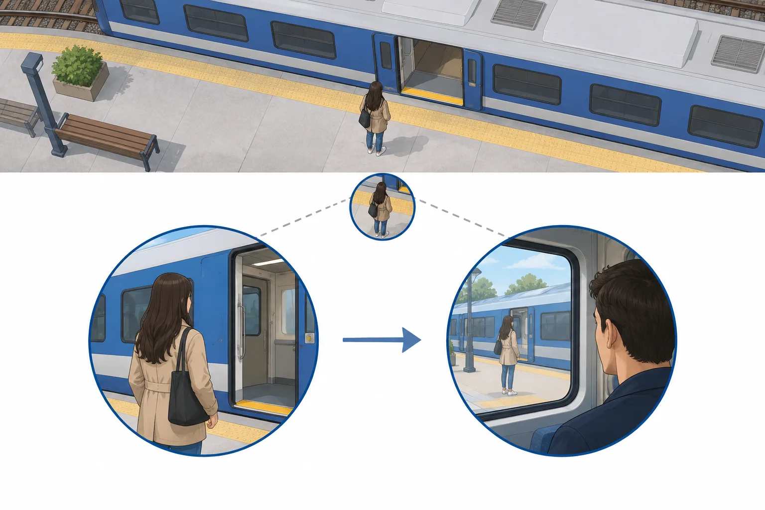 Diagrama de uma mesma cena de estação: a narração permanece externa, mas o enquadramento perceptivo passa de uma mulher na plataforma para um homem dentro do trem.