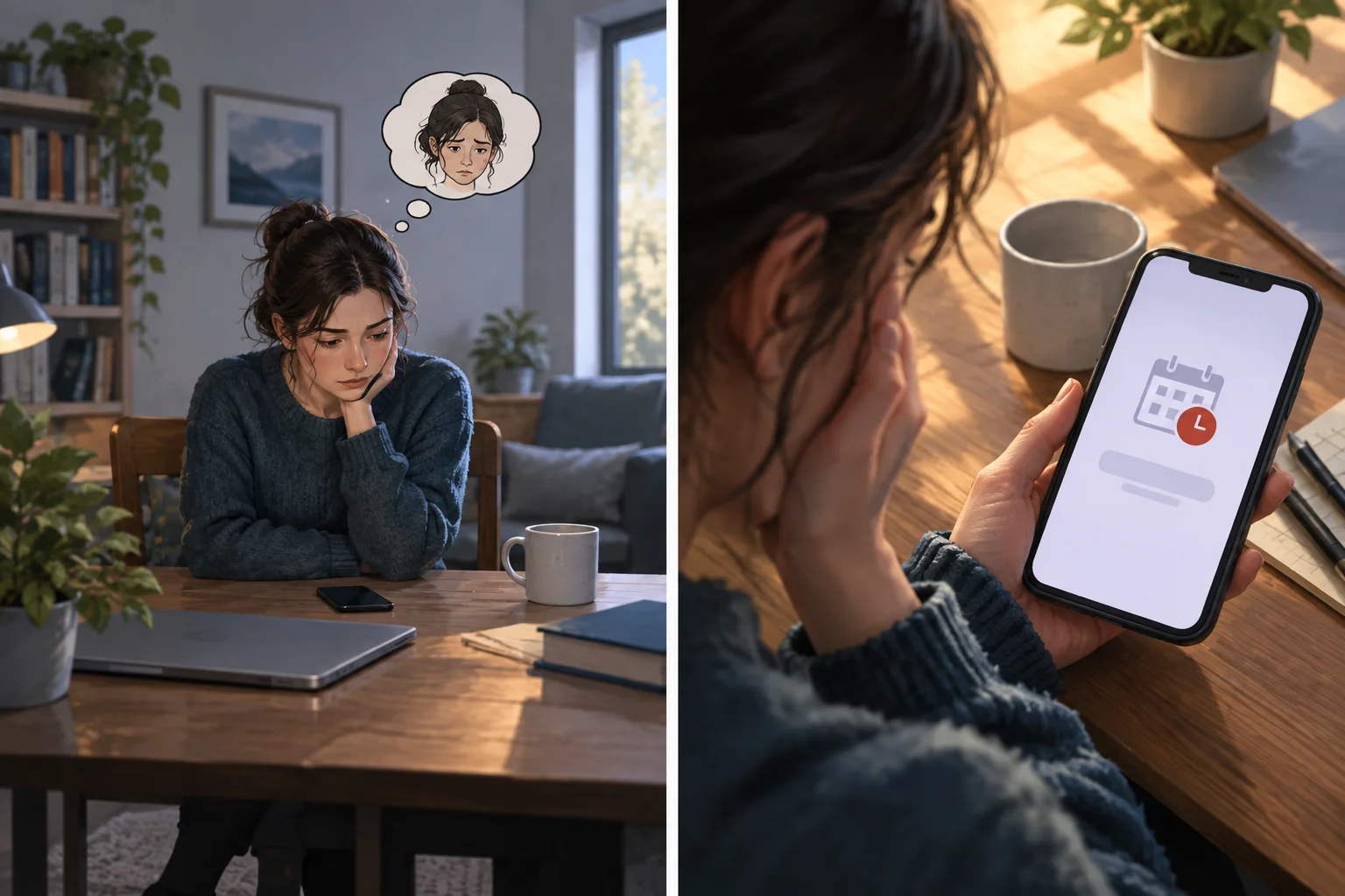 Comparação visual entre o relato externo de um estado mental e a aproximação à experiência imediata de uma personagem.
