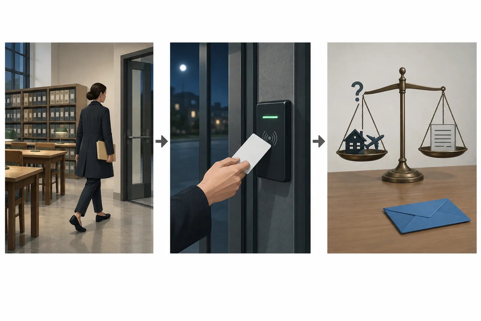 Linha do tempo visual: uma afirmação inicial sobre sair e ir para casa, um registro automático posterior de acesso e uma revisão limitada da afirmação, sem resolver o destino do envelope.