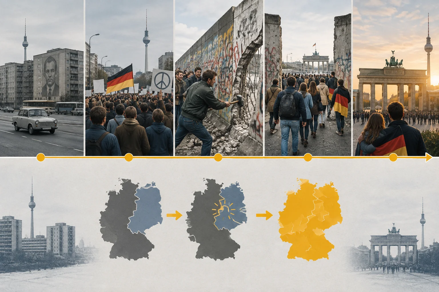 Linha do tempo visual mostrando protestos, abertura de uma barreira de fronteira e reconexão entre duas partes da Alemanha.