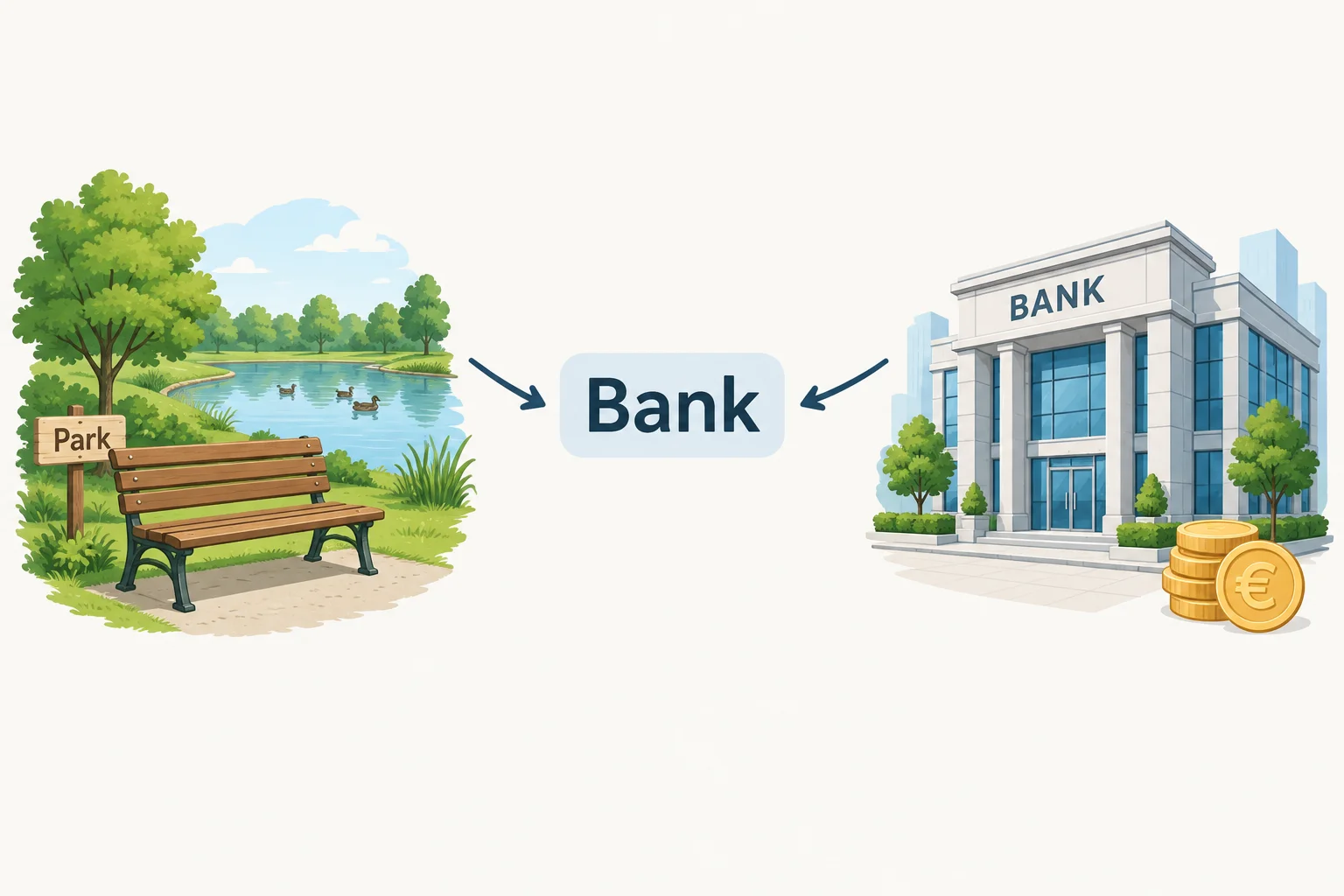 Diagrama com a palavra alemã Bank no centro, ligada de um lado a um banco de praça em um parque e, de outro, a uma instituição financeira.