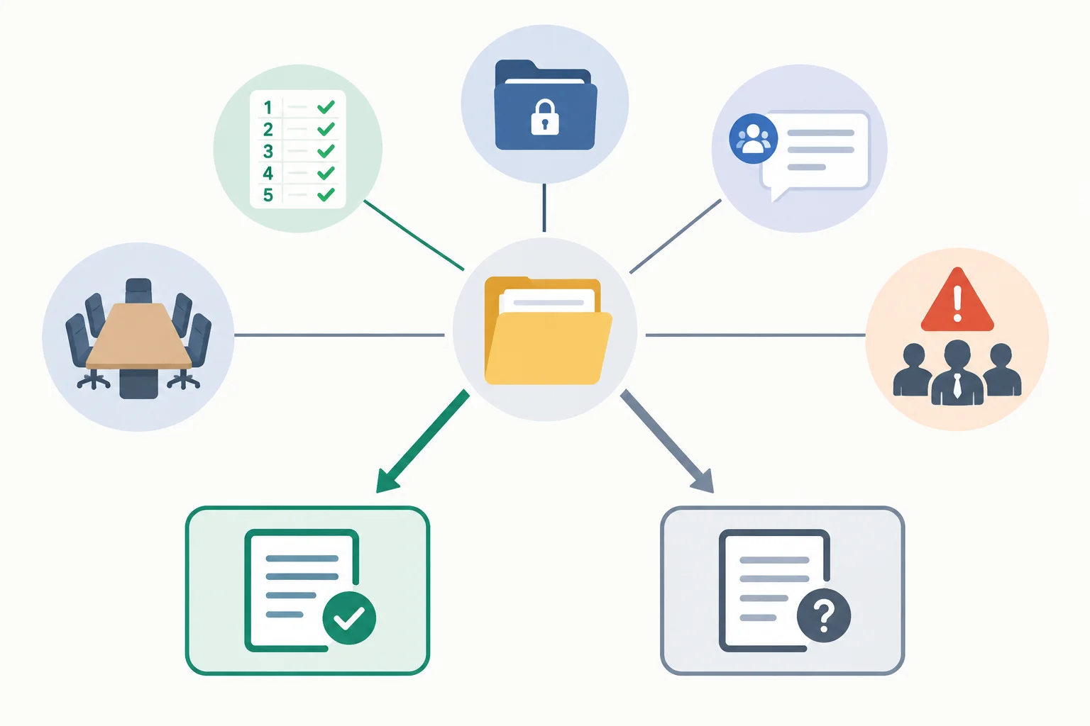 Diagrama de uma mesma passagem levando a duas leituras, com pistas sobre números verificados, circulação interna, comentários da equipe, conversa com o conselho de trabalhadores e efeitos sobre departamentos.