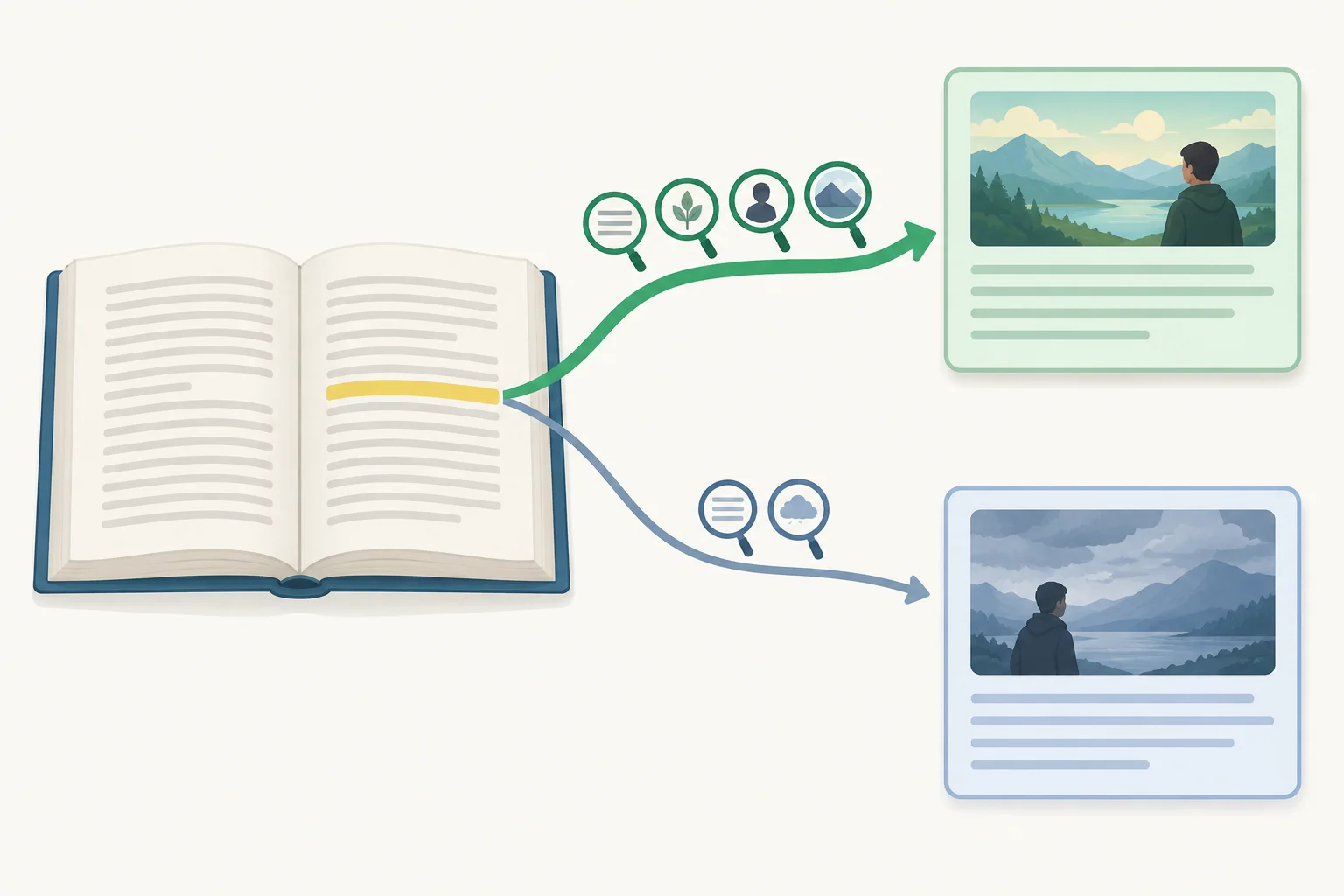 Diagrama de uma mesma passagem levando a duas leituras, cada uma ligada a pistas textuais; uma recebe apoio mais forte, mas a outra permanece aberta.