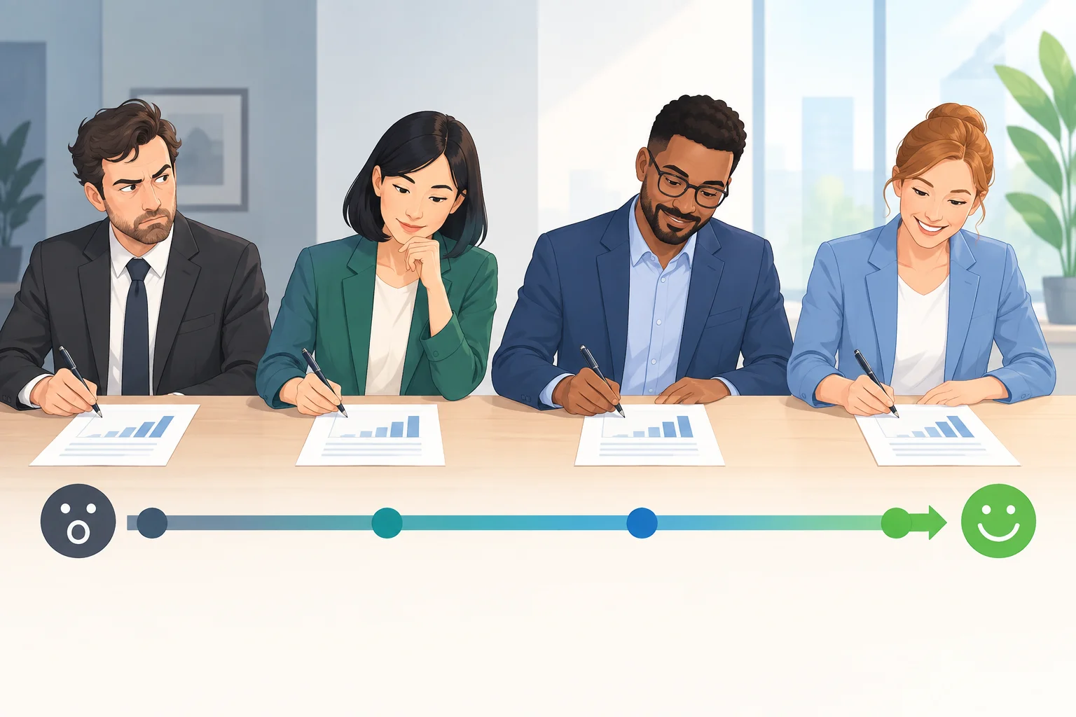 Diagrama de uma escala de expectativa: várias pessoas podem assinar um relatório, e a pessoa mais cética também o assina como resultado surpreendente.