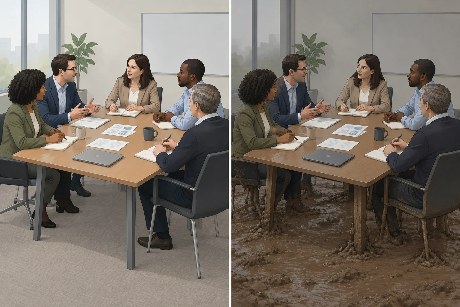 Comparação visual entre uma discussão em andamento e a mesma discussão representada como presa em lamaçal.