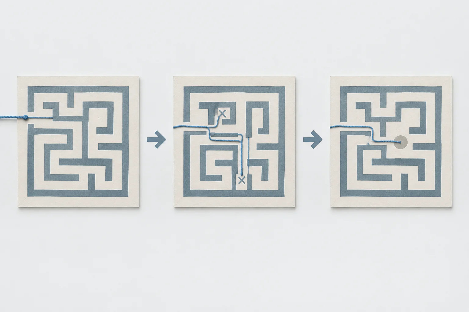 Diagrama de um fio atravessando um labirinto: entrada, becos sem saída e chegada ao ponto central.