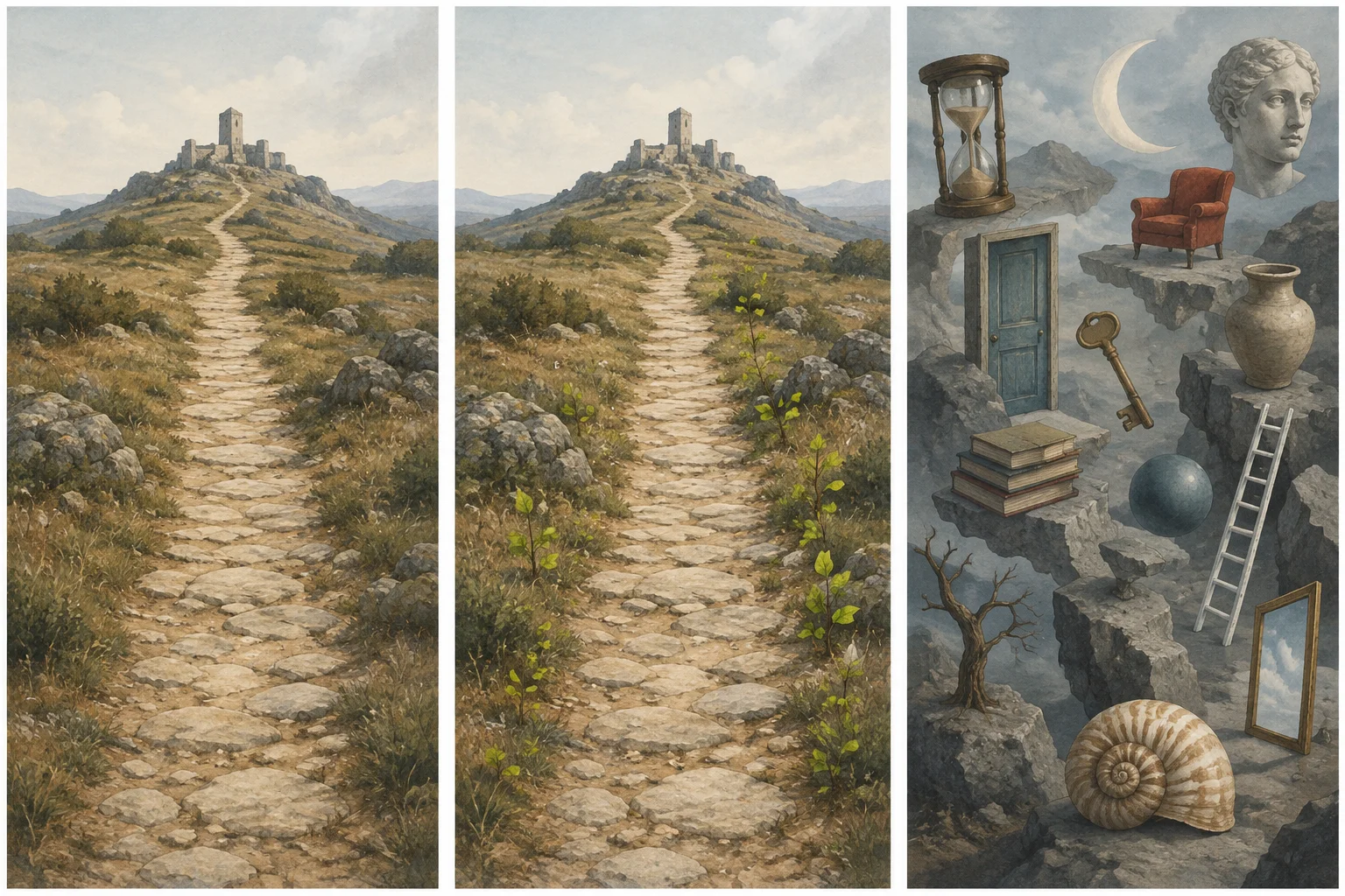 Comparação visual entre uma imagem familiar e clara, uma imagem familiar reativada por um detalhe e uma imagem tão desconexa que não orienta a leitura.